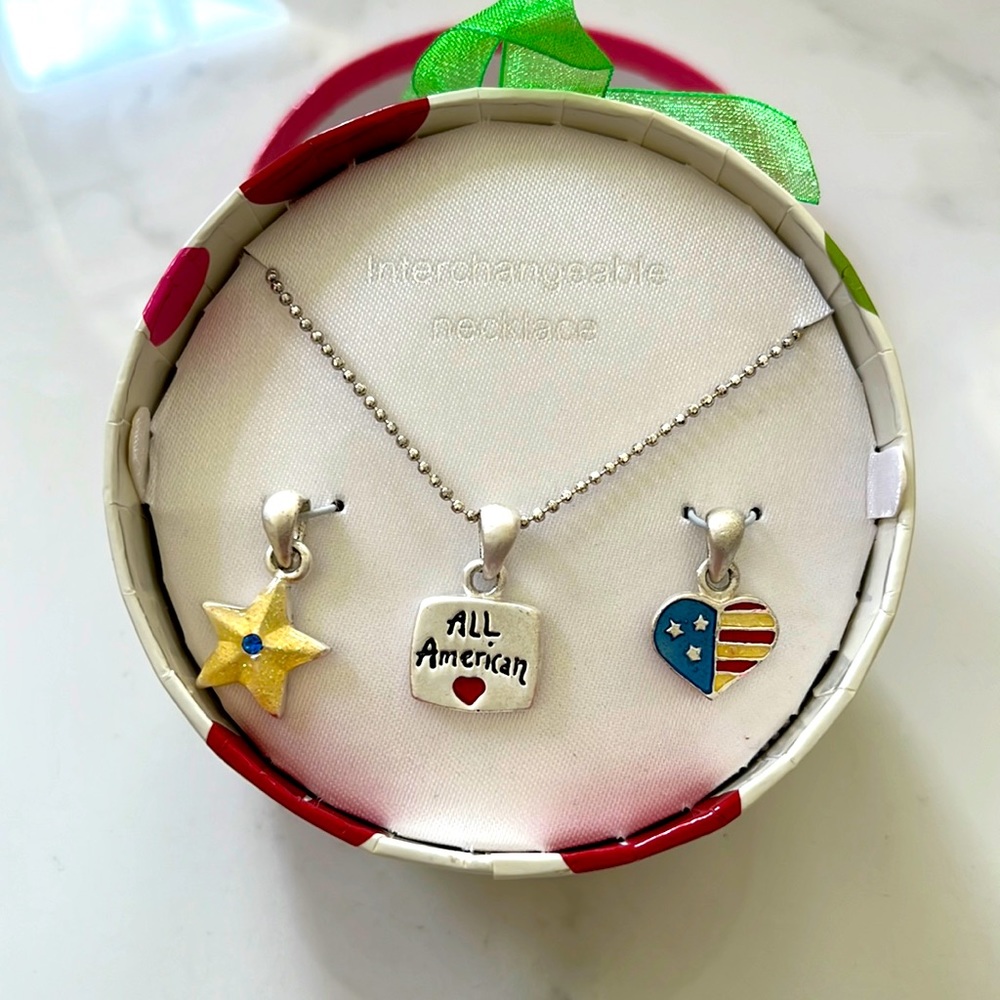 All American boxed set necklace with 3 charms, with heart flag, star, 4th July!